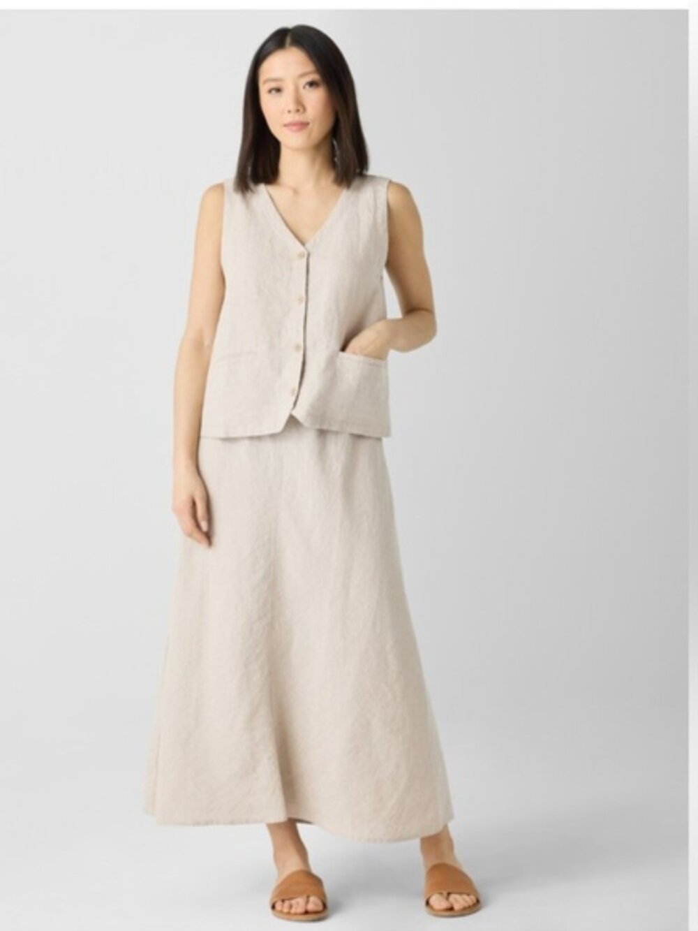 Eileen Fisher A Line Bias Cut Skirt Womens XXS Beige Khaki Tan 100%Organic Linen - Picture 5 of 9